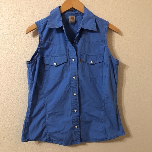 Carhartt Tops - Carhartt Womens Sleeveless Pearl Snap Collared Sleeveless Top in Blue Size Large